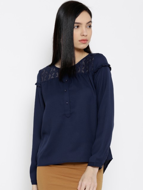 

Wills Lifestyle Navy Polyester Top with Lace Detail, Navy blue