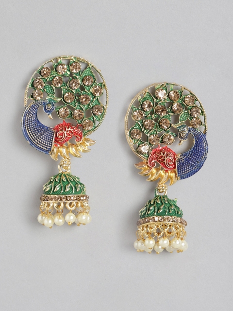 

Anouk Green & Blue Gold-Plated Stone Studded & Beaded Enamelled Dome Shaped Jhumkas