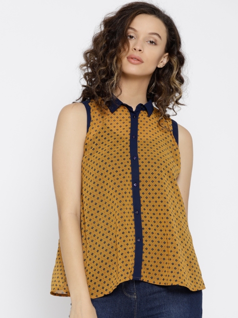 

Wills Lifestyle Mustard Yellow Polyester Printed Sheer Shirt