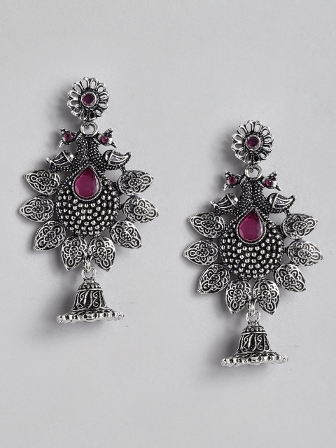 

Anouk Oxidised Silver-Toned & Magenta Textured Stone-Studded Peacock Shaped Drop Earrings