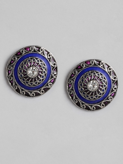 

Anouk Blue & Oxidised Silver-Toned Textured Enamelled Stone Circular Oversized Studs