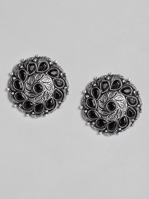 

Anouk Black & Oxidised Silver-Toned Textured Stone Circular Oversized Studs