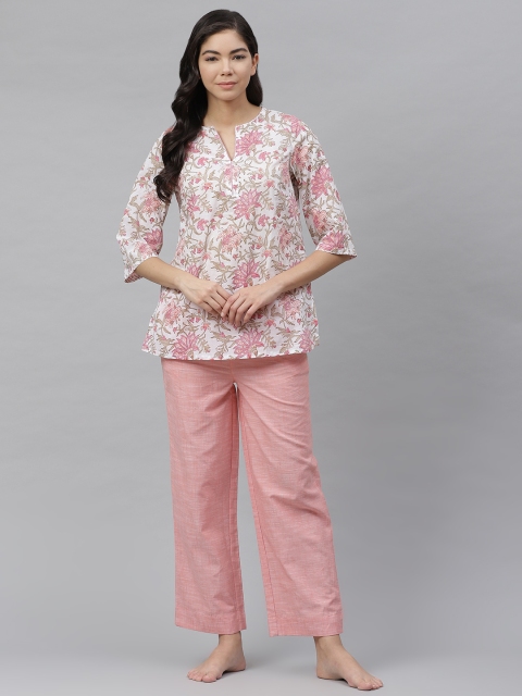 

Fabindia Women White & Peach-Coloured Hand Block Printed Night Suit