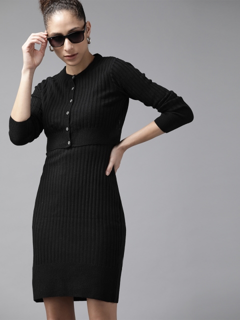 

Roadster Women Black Self-Striped Dress With Shrug