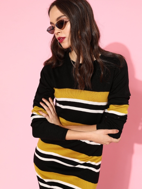 

Roadster Women Stylish Black Striped Sweater Dress