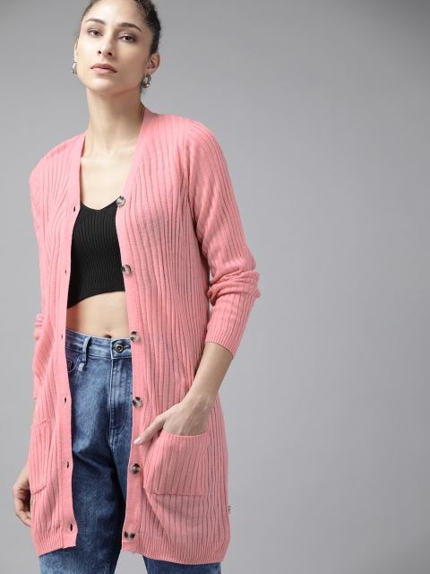 

Roadster Women Pink Ribbed Longline Cardigan
