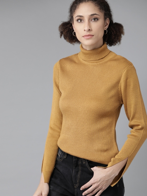 

Roadster Women Mustard Brown Ribbed Pullover