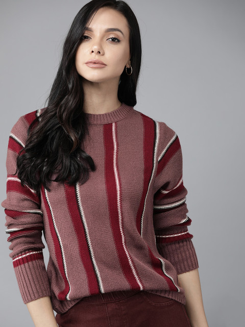 

Roadster Women Mauve & Maroon Striped Pullover