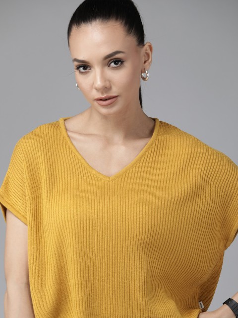 

Roadster Women Mustard Yellow Ribbed Crop Pullover
