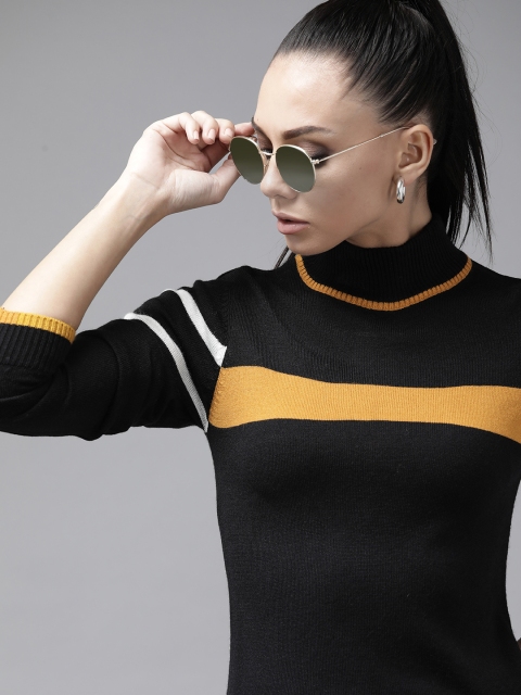 

Roadster Women Black & Mustard Yellow Striped Pullover