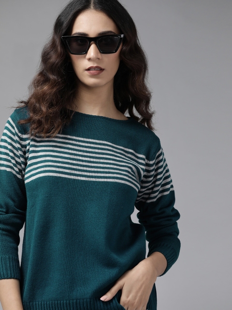 

Roadster Women Teal Green & Grey Striped Pullover