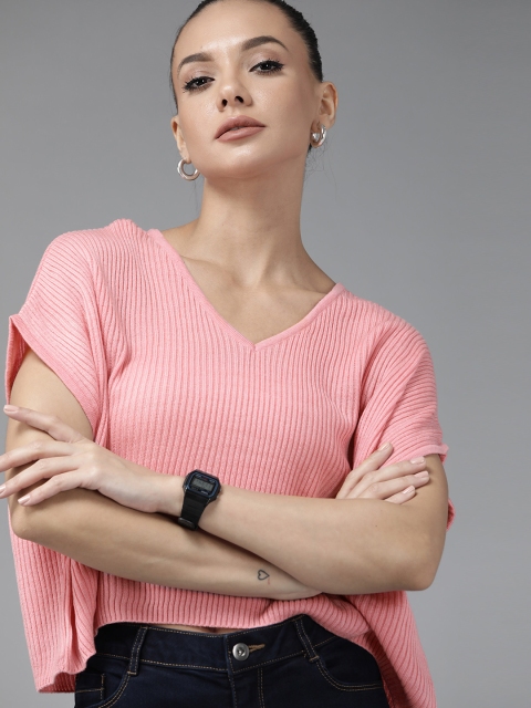 

Roadster Women Pink Ribbed Crop Pullover