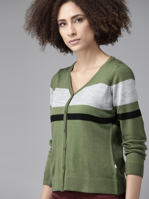 

Roadster Women Olive Green & Grey Melange Striped Cardigan