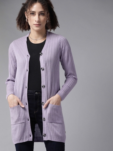 

Roadster Women Lavender Ribbed Longline Cardigan