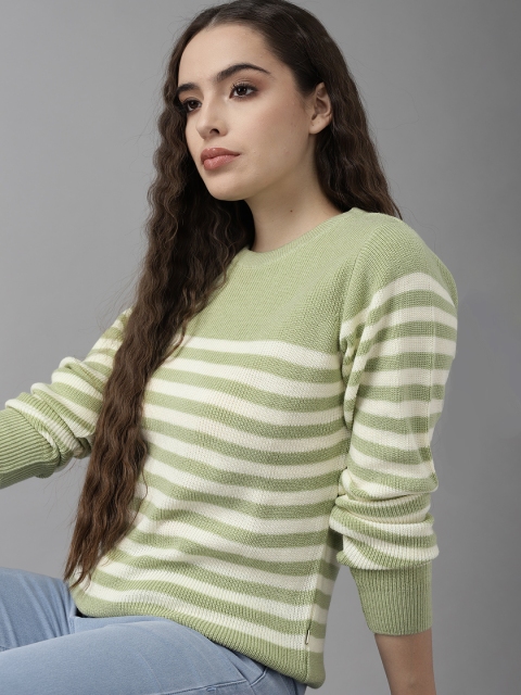 

Roadster Women Green & Cream-Coloured Striped Pullover