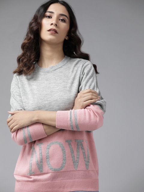

Roadster Women Grey Melange & Pink Typography Colourblocked Pullover