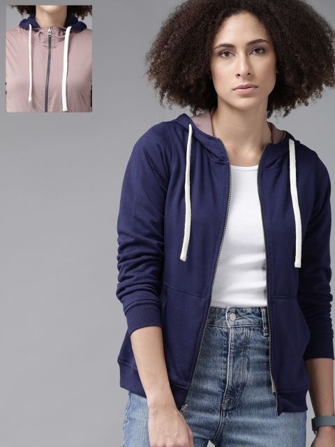 

Roadster Women Navy Blue & Mauve Solid Reversible Hooded Sweatshirt