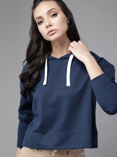 

Roadster Women Navy Blue Solid Boxy Hooded Sweatshirt