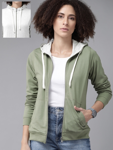

Roadster Women Green & Grey Solid Reversible Hooded Sweatshirt