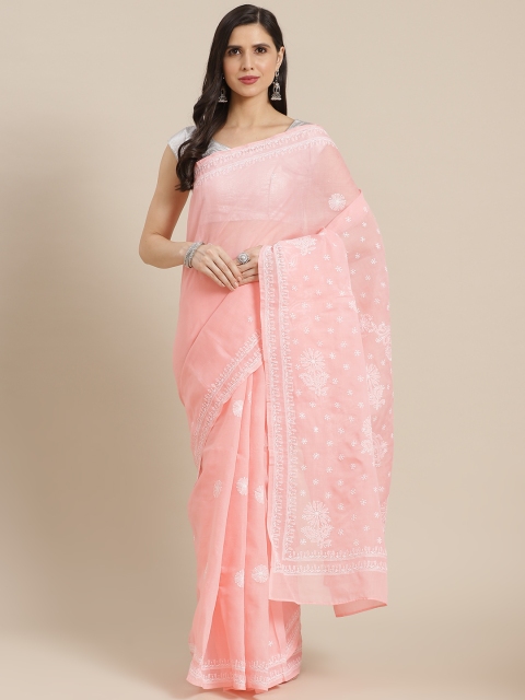 

ADA Peach & White Ethnic Motifs Chikankari Saree
