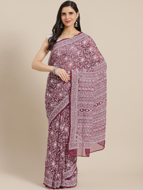 

ADA Wine-Coloured & White Ethnic Motifs Chikankari Saree, Burgundy
