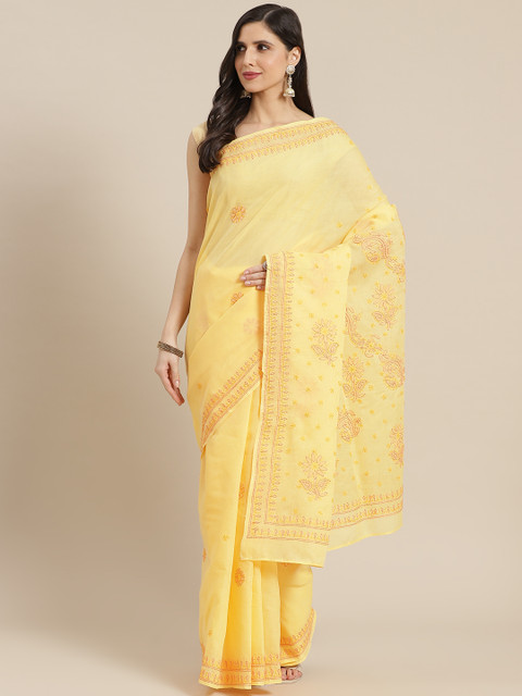 

ADA Yellow & Pink Embroidered Chikankari Saree