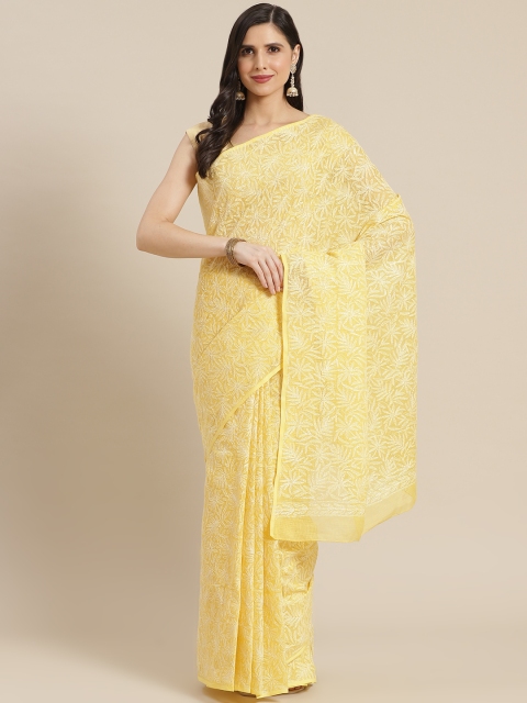 

ADA Yellow & White Ethnic Motifs Hand Embroidered Chikankari Sustainable Saree