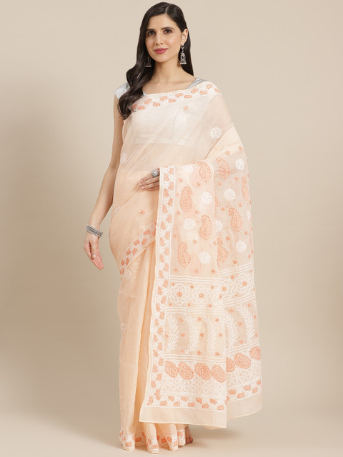 

ADA Peach & White Ethnic Motifs Hand Embroidered Chikankari Sustainable Handloom Saree