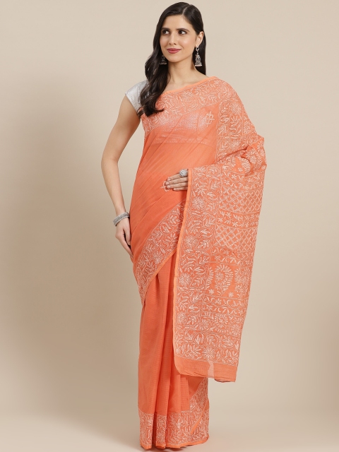 

ADA Rust Orange & White Ethnic Motifs Hand Embroidered Chikankari Sustainable Saree