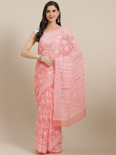 

ADA Peach-Coloured & White Ethnic Motifs Chikankari Saree