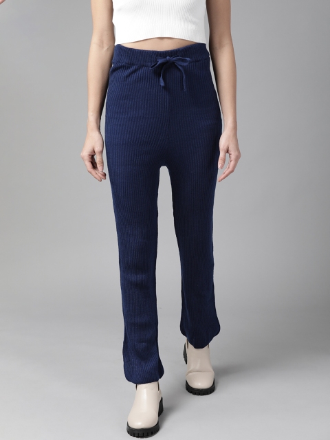 

Roadster Women Navy Blue Ribbed Woollen High-Rise Trousers