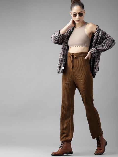 

Roadster Women Brown Ribbed High-Rise Parallel Trousers