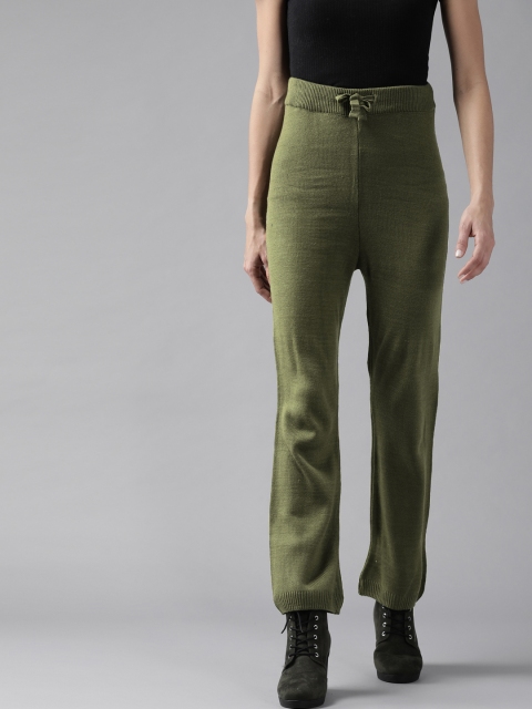 

Roadster Women Olive Green Solid Knitted Trousers