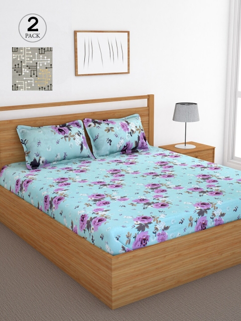 

Bedspun Turquoise Blue & Purple Floral 120 TC Cotton 2 Queen Bedsheet with 4 Pillow Covers