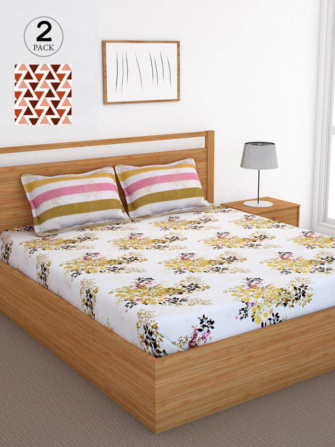 

Bedspun Beige & White Floral 120 TC Cotton 2 Queen Bedsheet with 4 Pillow Covers