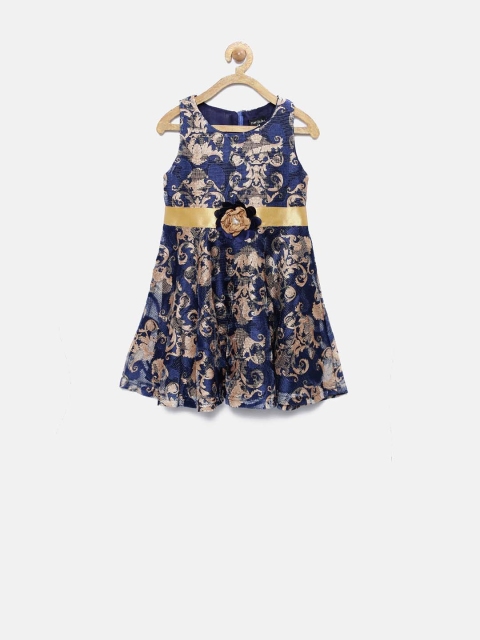 

Tiny Girl Navy & Gold-Toned Lace Floral Print Fit & Flare Dress, Navy blue