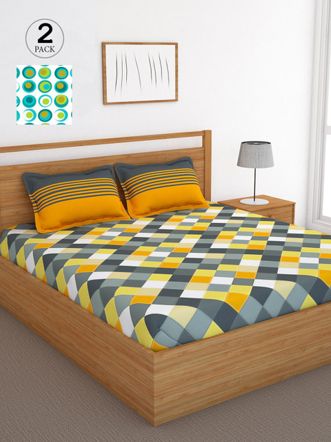 

Bedspun Yellow & Green Geometric 120 TC Cotton 2 Queen Bedsheet with 4 Pillow Covers