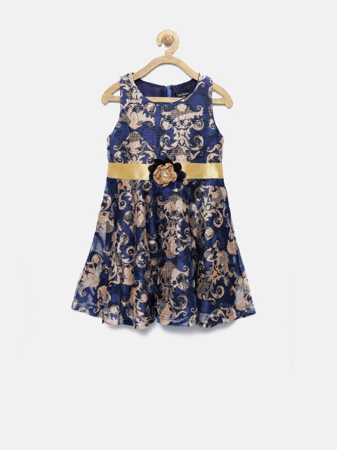 

Tiny Girl Navy & Gold-Toned Lace Floral Print Fit & Flare Dress, Navy blue