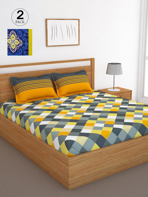

Bedspun Pack of 2 Yellow & Blue 120 TC Cotton Queen Bedsheet with 4 Pillow Covers