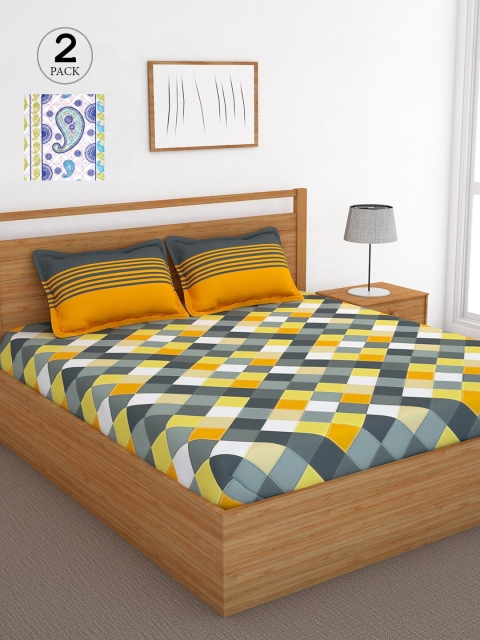 

Bedspun Grey & Yellow Geometric 120 TC Cotton 2 Queen Bedsheet with 4 Pillow Covers