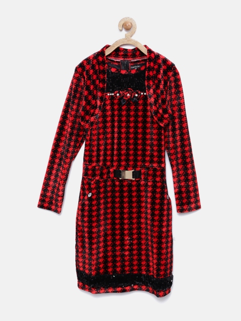 

Tiny Girl Red & Black Printed Embellished Sheath Dress with Shrug