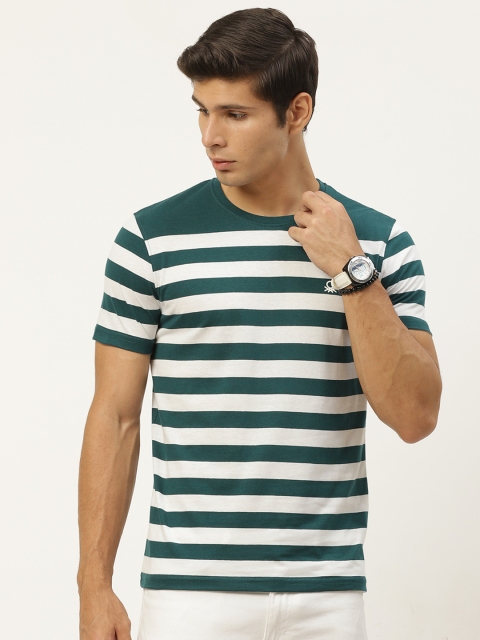 

United Colors of Benetton Men Teal & White Striped T-shirt