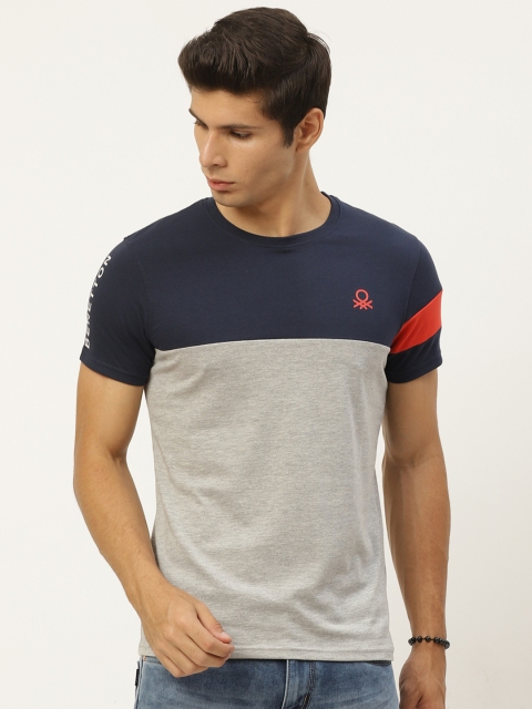 

United Colors of Benetton Men Navy Blue & Grey Melange Colourblocked T-shirt