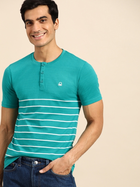 

United Colors of Benetton Men Sea Green & Off-White Striped Henley Neck T-shirt