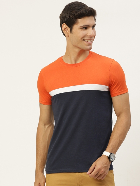 

United Colors of Benetton Men Orange & Navy Blue Colourblocked T-shirt