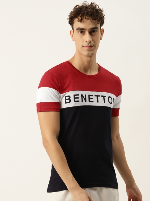 

United Colors of Benetton Men Red & Navy Blue Colourblocked T-shirt