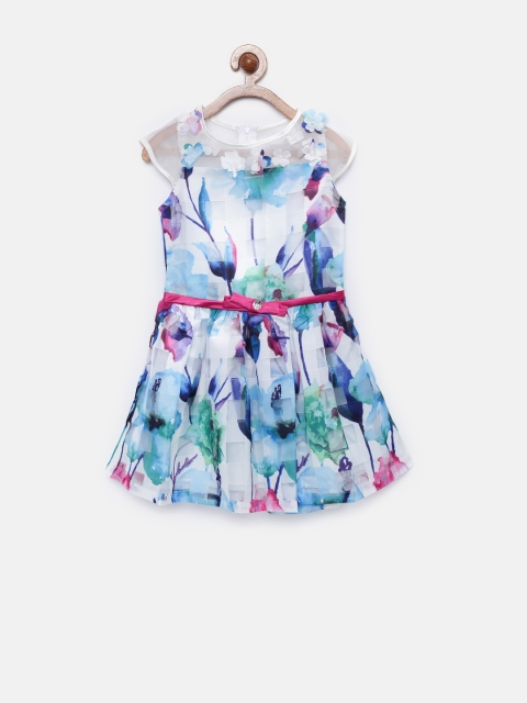 

Tiny Girl White & Blue Floral Print Fit & Flare Dress