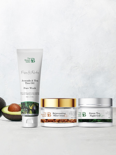 

The Beauty Sailor Avocado Face Wash + Anti Aging Skin Cream + Green Tea Night Gel Combo, White