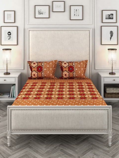 

BELLA TRUE Brown Floral 144 TC Polycotton 1 Queen Bedsheet with 2 Pillow Covers