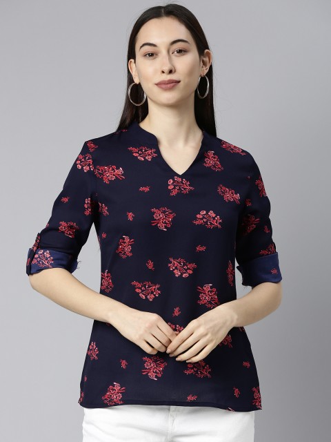 

AHIKA Navy Blue & Red Floral Mandarin Collar Georgette Regular Top